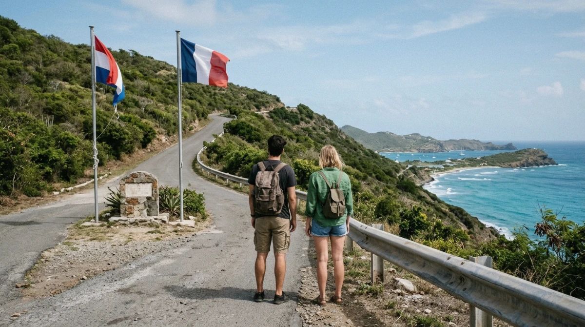 Border monument marking the open line between the Dutch and French sides of a St Maarten island tour route