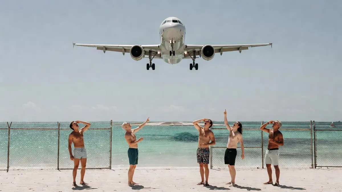 Low-flying jet landing over sunbathers at Maho Beach on a Sint Maarten island tour in Sint Maarten