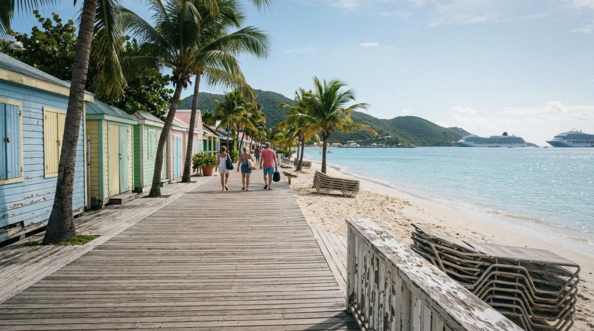 Cruise ship passengers walking the Philipsburg boardwalk on a St Maarten cruise port island tour day