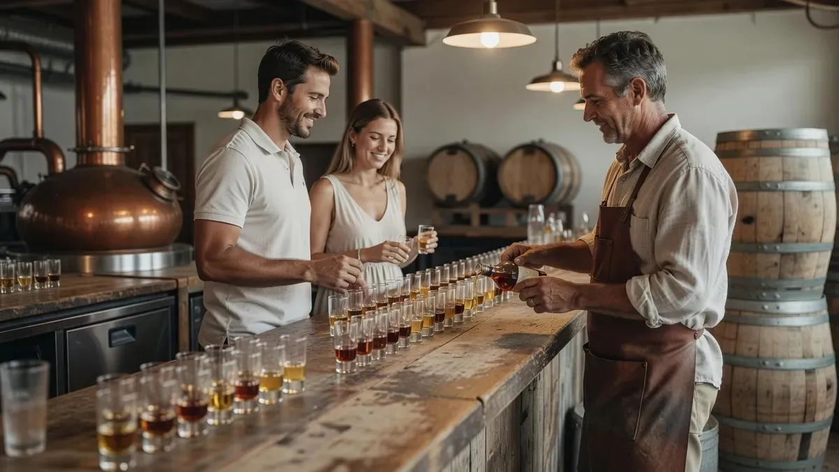 Glasses of golden rum lined up for a tasting at Topper's distillery on a Sint Maarten island tour in Sint Maarten